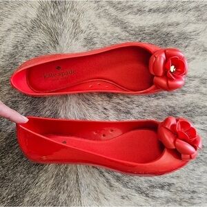 Kate Spade Jelly Ballerina Jade Rubber Red Flats w/ Flower Embellishment